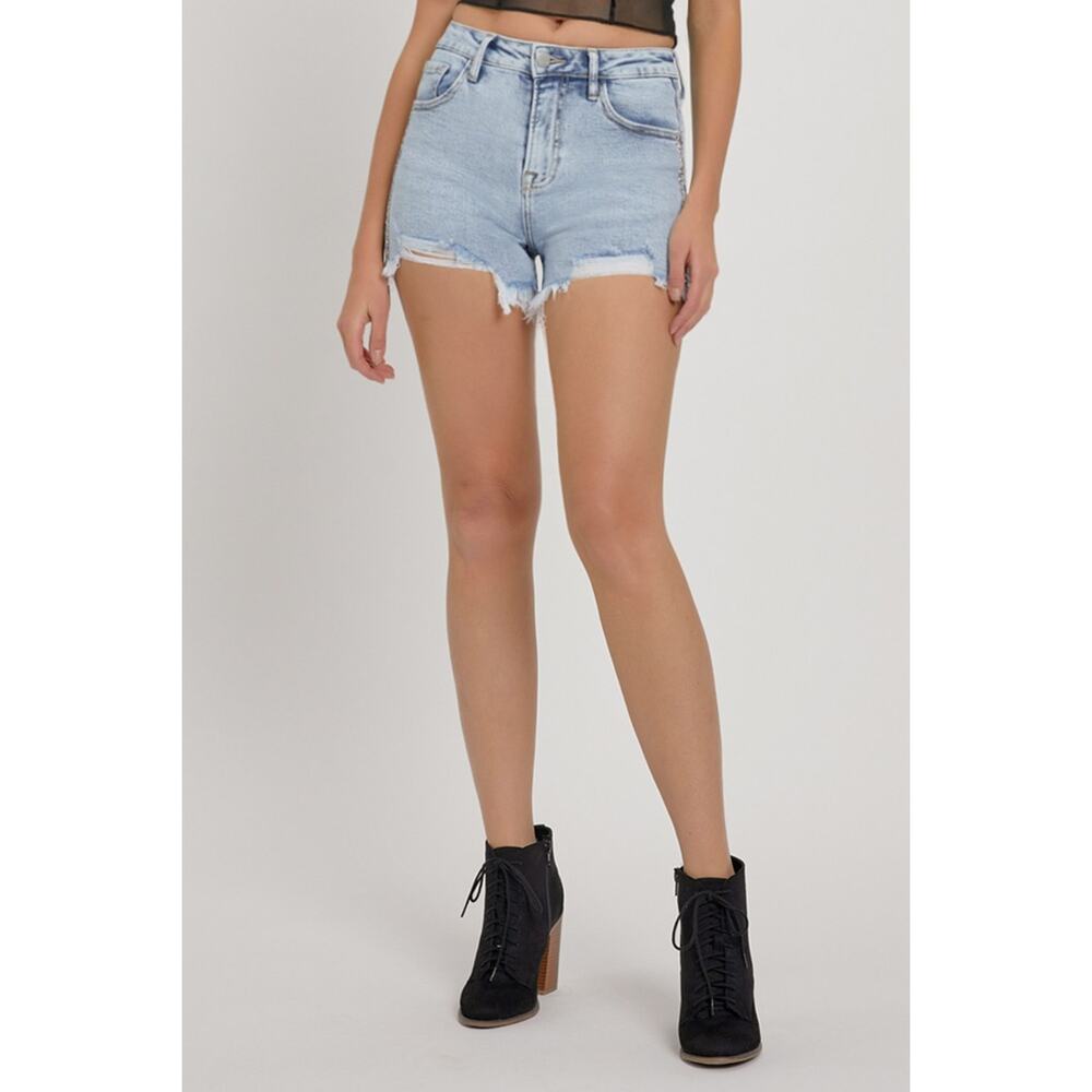 RISEN High Rise Rhinestone Strap Embellished Denim Shorts - RDS6081 - Size Large - Picture 3 of 7